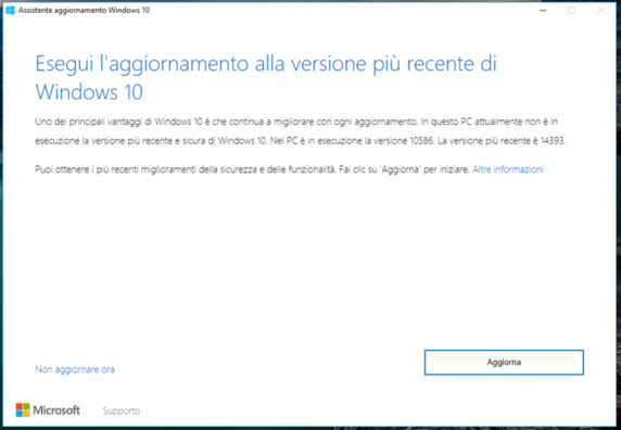 Aggiornamento Windows 10 Anniversary Update